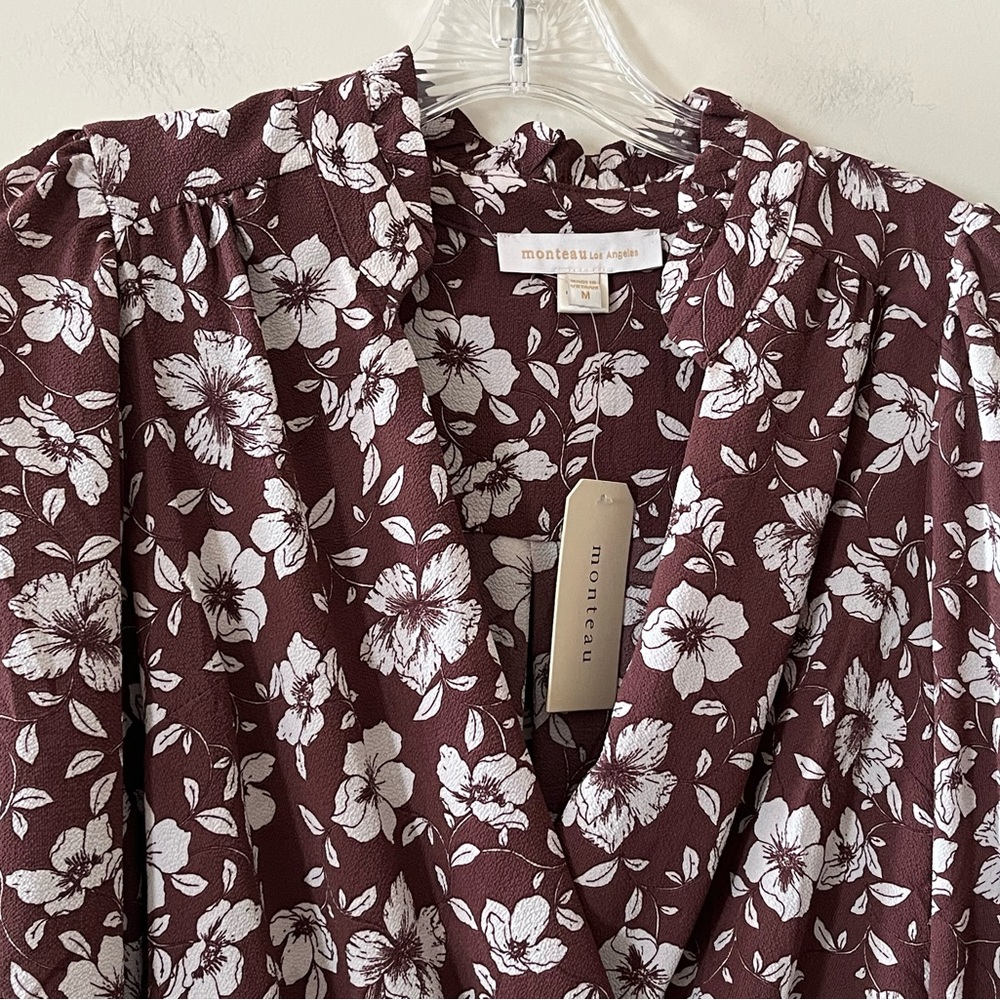 New! Monteau Floral Wrap Blouse Elastic Waist Women’s Size Medium - Picture 10 of 16